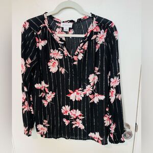 Liz Claiborne black floral print metallic v-neck long sleeve top ladies sz M
